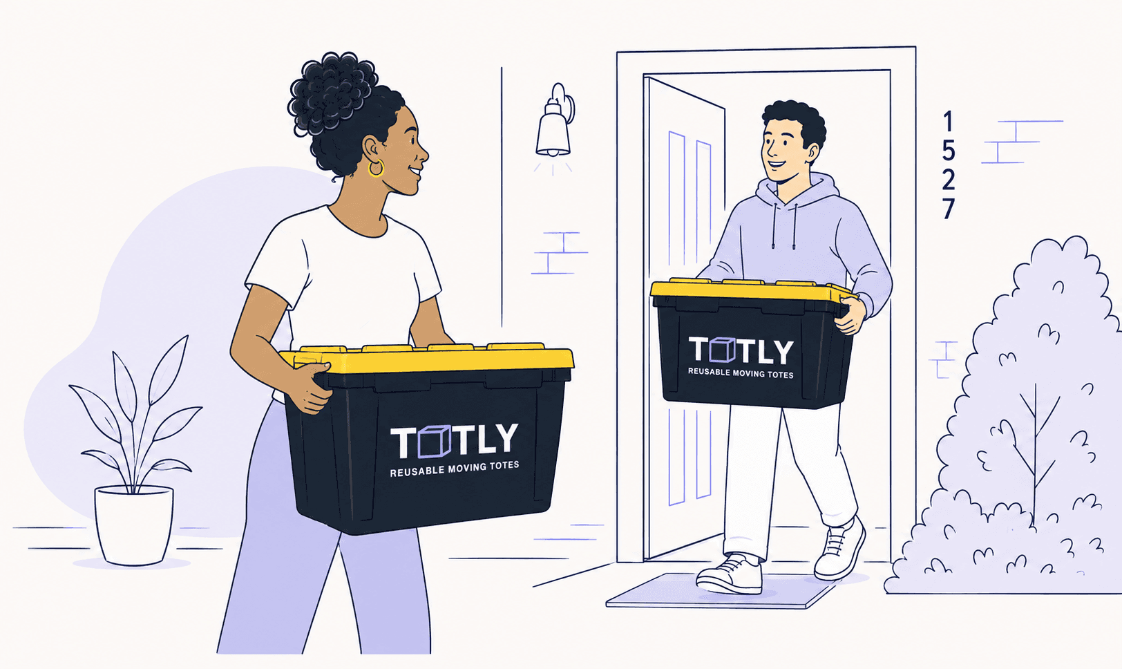 A woman and man each carrying a black TOTLY tote with a yellow lid into a home