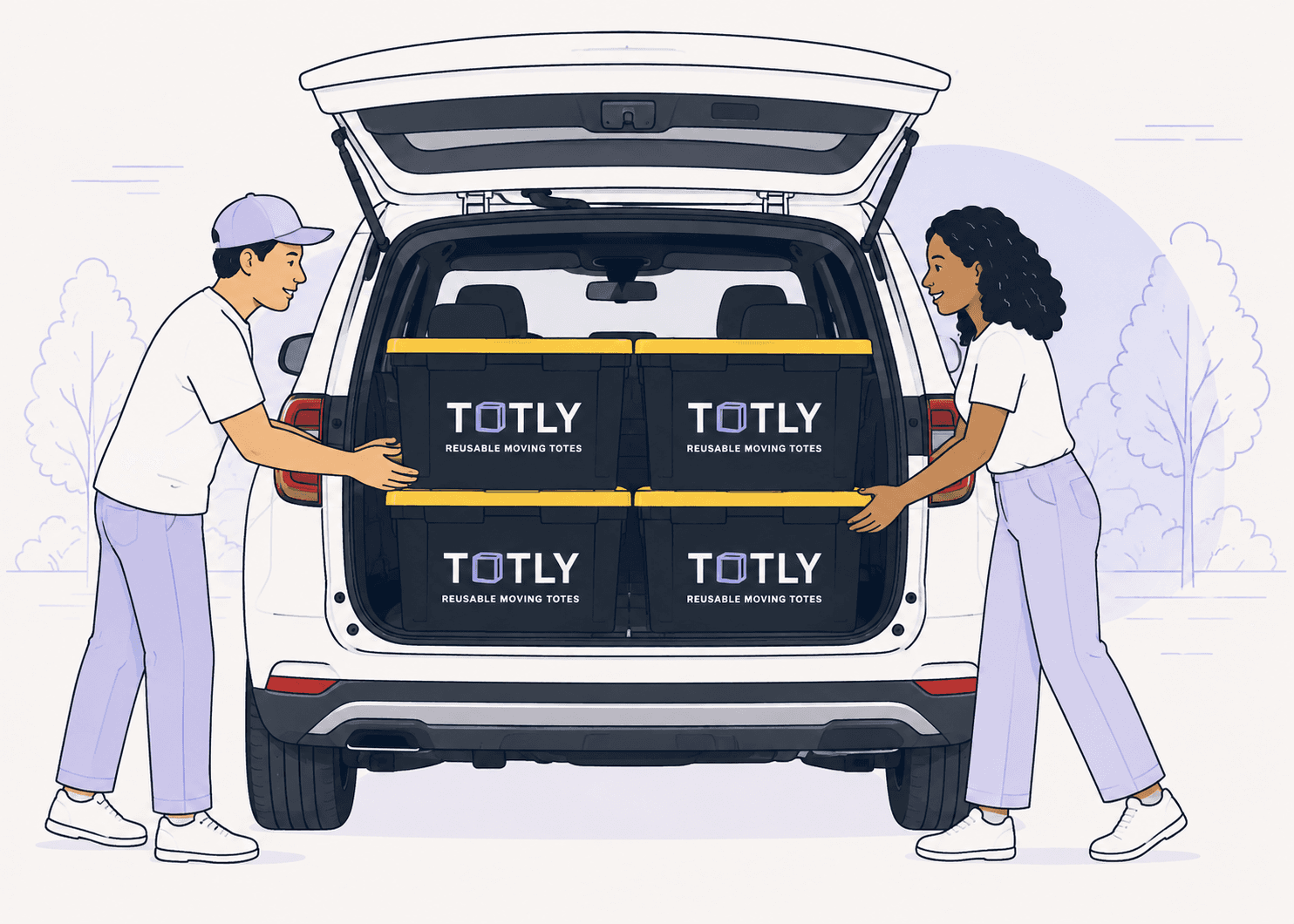 Two people loading stacked TOTLY totes into the back of a car