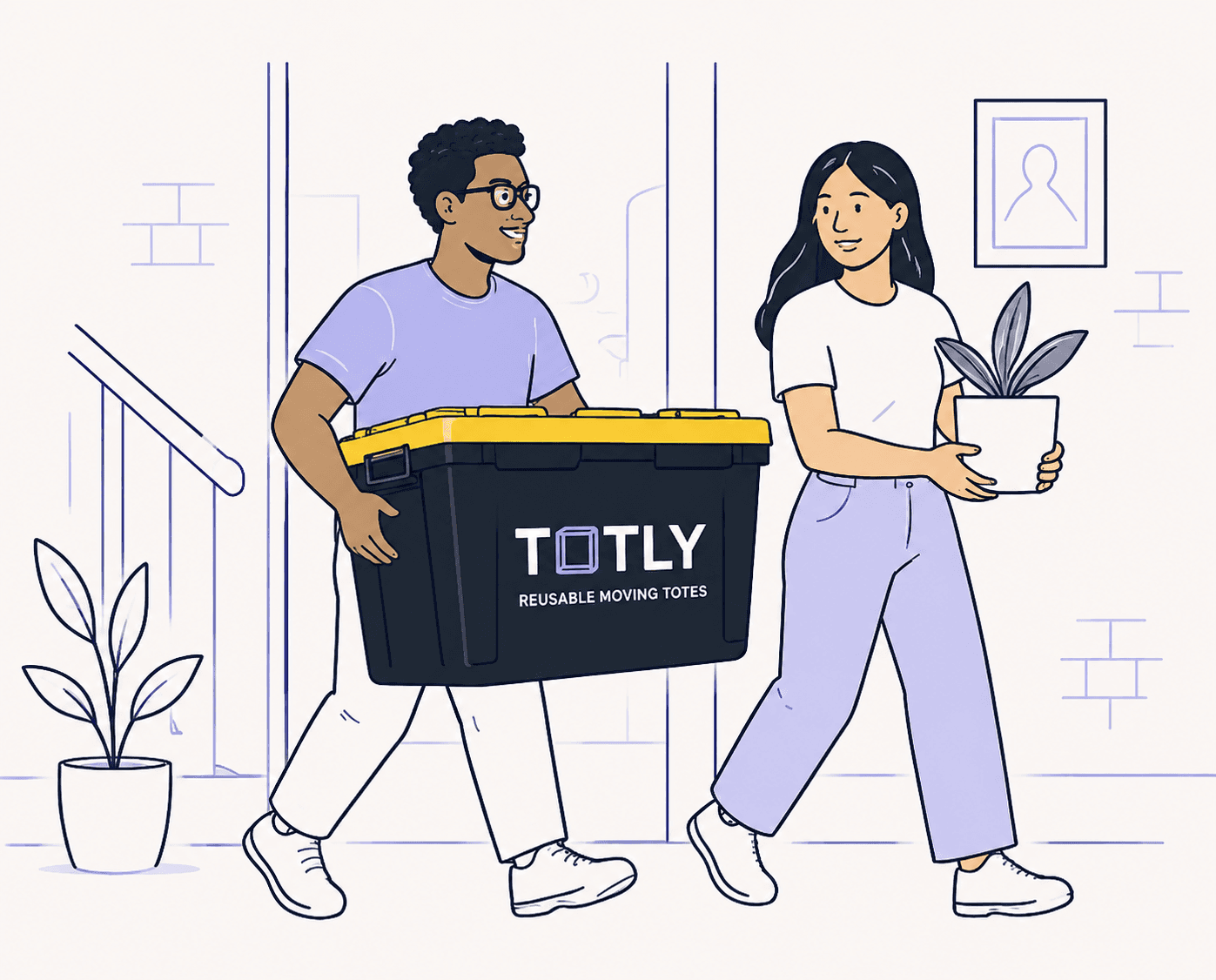 A couple carrying a TOTLY tote and a plant down a staircase