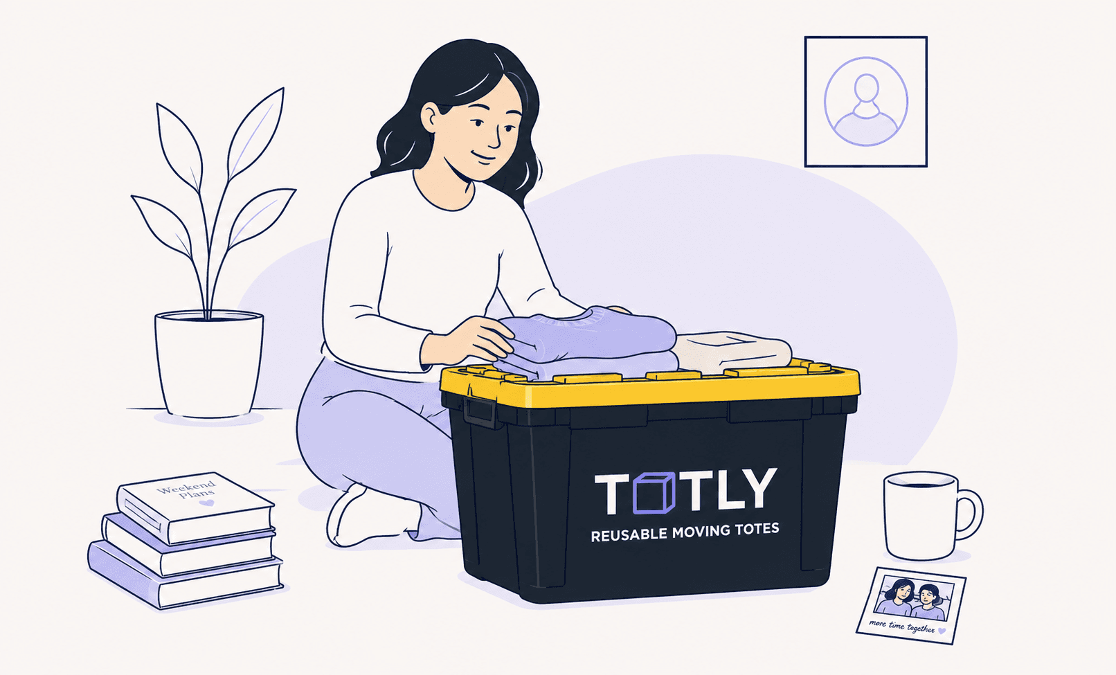 A woman kneeling on the floor packing books into an open TOTLY tote