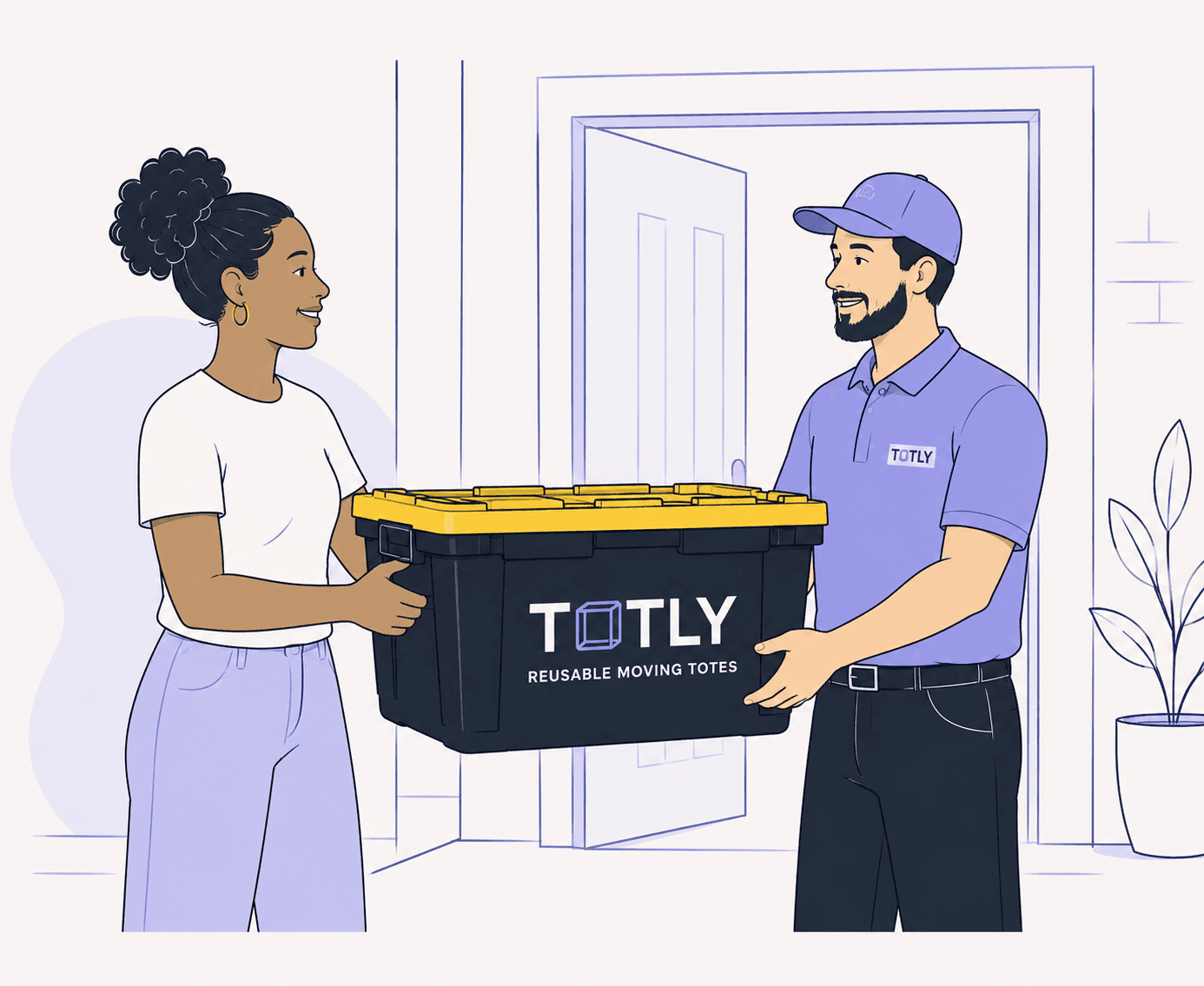 A TOTLY delivery driver handing a tote back to a customer at their door